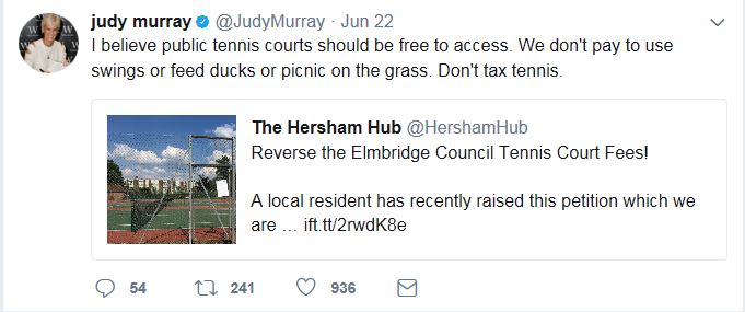 Judy Murray's tweet arguing for free access to tennis courts