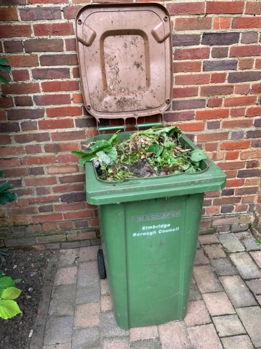 A full garden waste bin